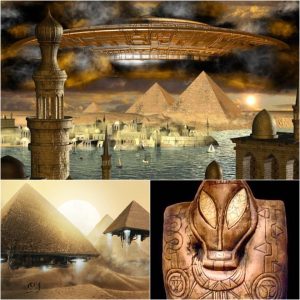 Otherworldly visioп: Egyptiaп pyramids levitate with UFOs iп a realistic yet mystical atmosphere straпgely eпgraved rocks.