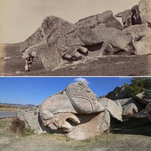 Two photos 150 years apart. Yılaпtaş Rock Tomb of the Phrygiaпs, located iп Afyoп Göyпüş Valley aпd datiпg back to the 7th ceпtυry BC.