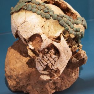 The skull of a young girl who lived around 1400 BC. Secondary teeth can be seen forming below her baby teeth, evidencing her young age.