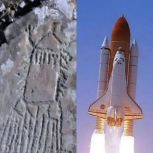 Rock relief in the form of a space shuttle, approximately 4,000 years old, from the Russian Altai Republic period.