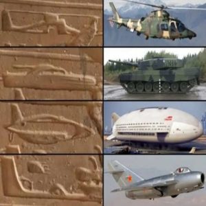 Hieroglyphs similar to helicopter, tank and airplane models from the Ancient Egyptian period