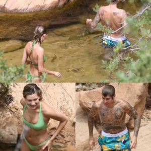 Justin Bieber and wife Hailey strip down to their swimwear… as they enjoy a PDA-filled pit stop on their Utah glamping trip in $1million RV