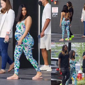 Cardi B rocks a vibrant bodysuit which clings to her growing baby bump while house-hunting with husband Offset in New Jersey