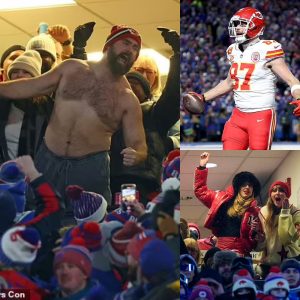 Taylor Swift appeared to stay out of the way of Travis Kelce’s brother as he beer-swilling strips to his waist in celebration as Chiefs beat the Bills