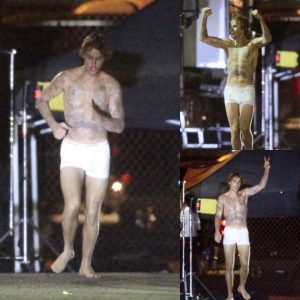 Justin Bieber runs around downtown LA in just his Calvin Klein underwear after shooting music video all night