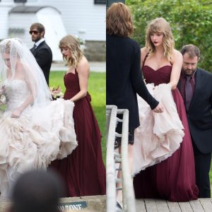 Taylor Swift makes fans crazy when spotted in maroon gown as she acts as bridesmaid for Abigail Anderson