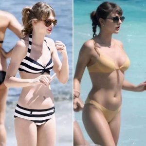 SEA ANGEL: Taylor Swift channels 1950s Barbie as she strips down to a swimsuit on a beach in Australia