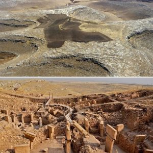 Aerial photograph taken at Göbeklitepe in 1994, before the excavations started. Below, Göbeklitepe after archaeological excavations