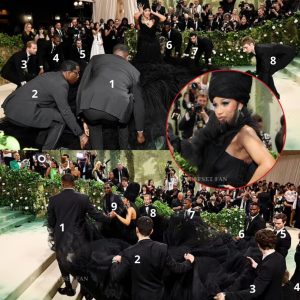 Cardi B brings the 2024 Met Gala red carpet to a standstill as she requires at least NINE helpers to fan out her dress' enormous black skirt